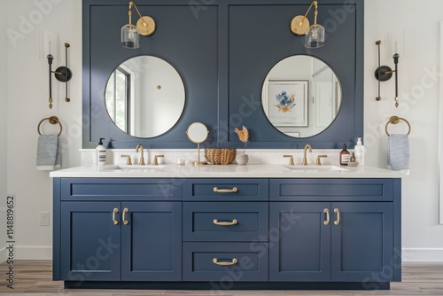 Dark blue double bathroom vanity with brass hardware, two circular mirrors hanging above the top of each side cabinet and wall sconces on either sides, in front view