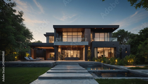 A contemporary two-story house with dark exterior siding, large windows, and a stone walkway leading to a reflecting pool.  Landscaped grounds surround the home, illuminated by soft lighting at dusk.