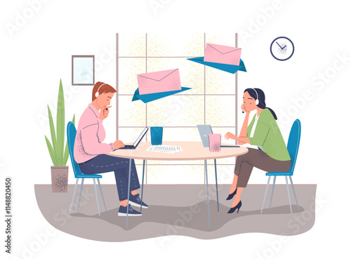 Vector illustration of two office employees working at a desk, using laptops and phones, surrounded by floating email icons. Modern workspace design with soft colors, plants, and a clock on the wall