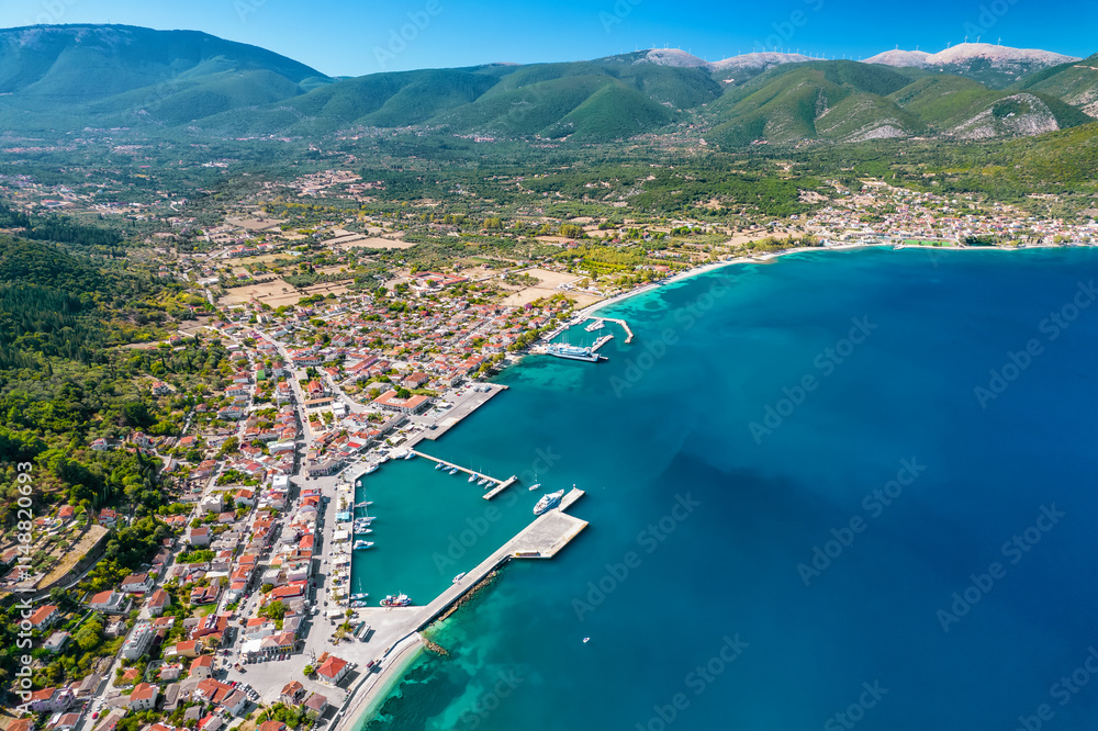 Aerial view of the Sami port town on a beautiful Kefalonia island in Greece