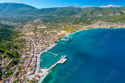 Obraz na płótnie Aerial view of the Sami port town on a beautiful Kefalonia island in Greece w salonie