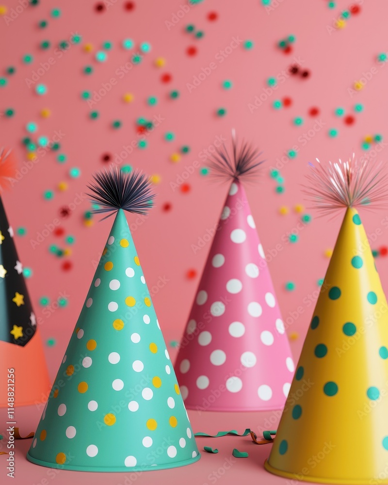 Colorful party hats with polka dots are arranged against a pink background, surrounded by scattered confetti, creating a festive atmosphere. Colorful party hats with polka dots are arranged against a pink background, surrounded by scattered confetti, creating a festive atmosphere.
