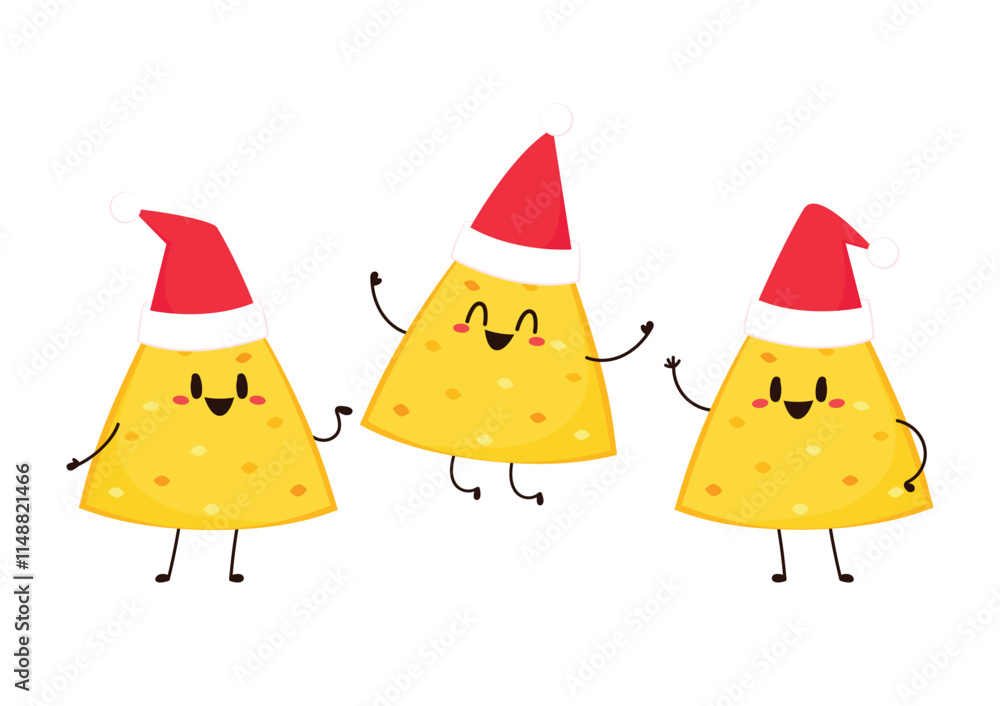 Nacho character design. Nachos on white background. Nacho cartoon in Santa Claus hat. Nacho character design. Nachos on white background. Nacho cartoon in Santa Claus hat.