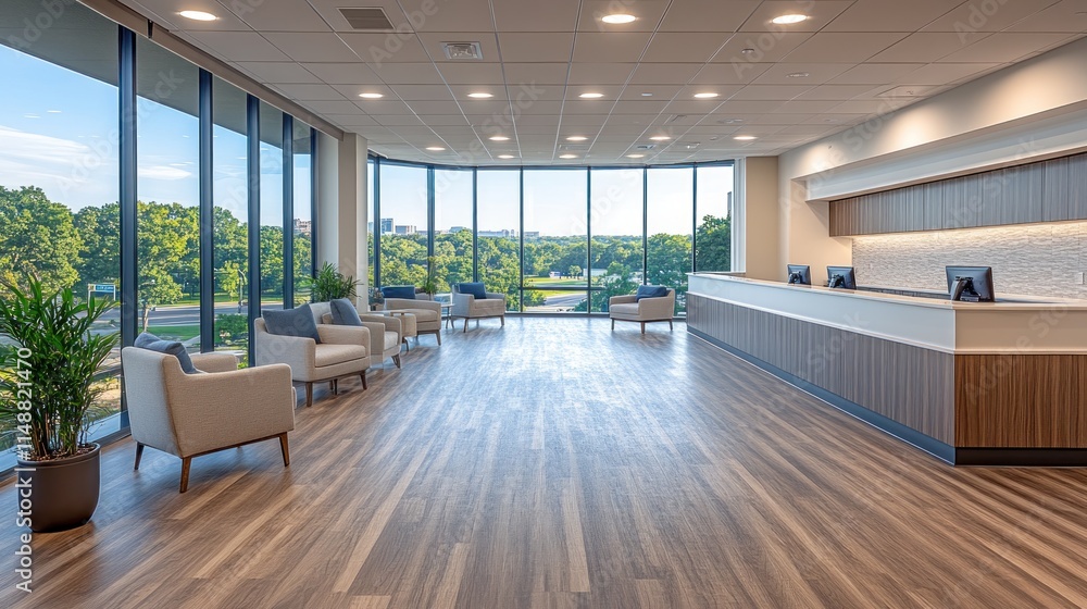 Naklejka premium Modern hospital lobby with panoramic windows and reception desk.
