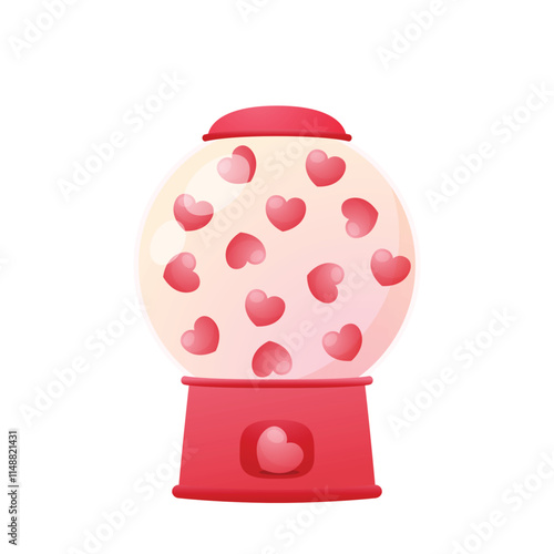 Heart in vending machine filled with red blue and white bubble gum hearts on white background. illustration with transparent glass. Valentine's day.