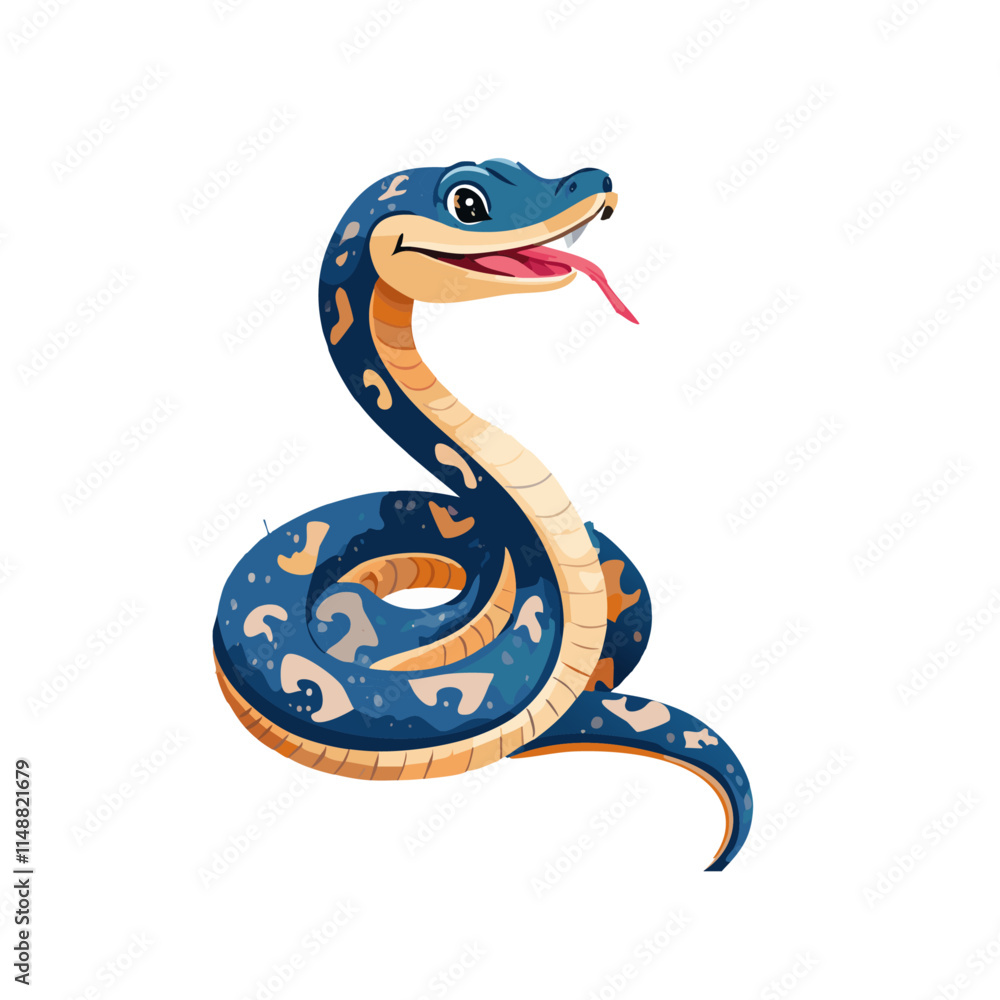 Naklejka premium Cute Cartoon Snake Illustration Blue, Orange, Happy Reptile