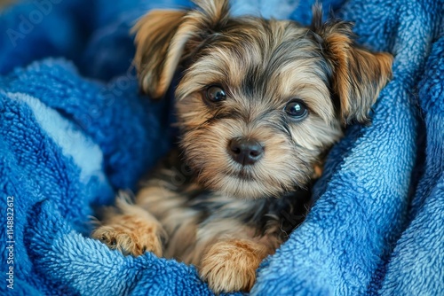 Cute puppy and blue towel. Grooming dog. Close-up, indoors. photo