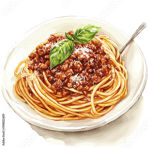 Watercolor Spaghetti Bolognese with Basil