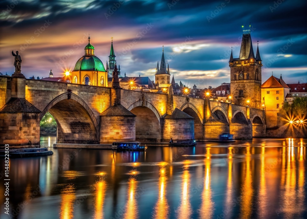 Charles Bridge Prague Night Long Exposure Photography, Dramatic Cityscape Charles Bridge Prague Night Long Exposure Photography, Dramatic Cityscape