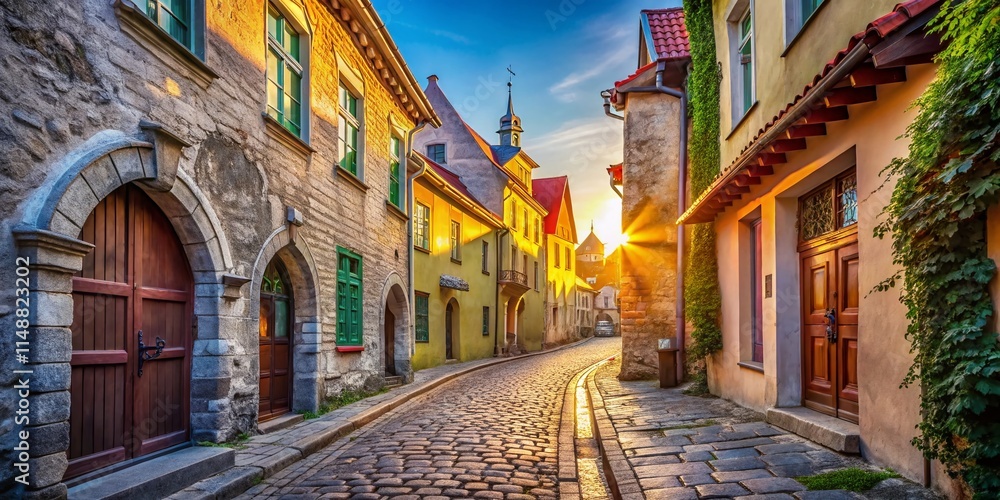 Fototapeta premium Charming Cobblestone Alleyway in Tallinn, Estonia: St. Catherine's Passage - Picturesque Medieval Architecture