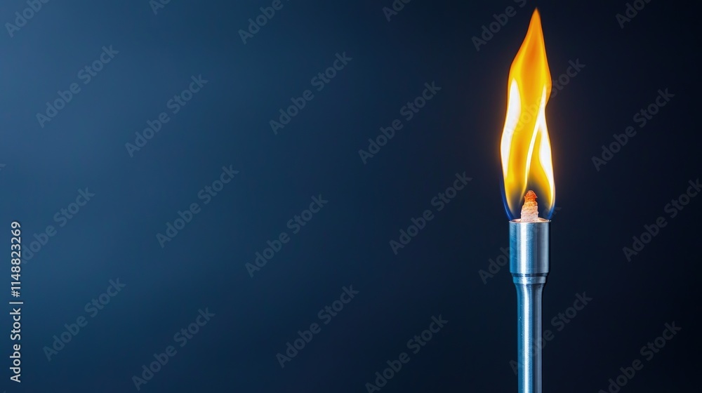 Single burning torch flame against dark blue background. Single burning torch flame against dark blue background.