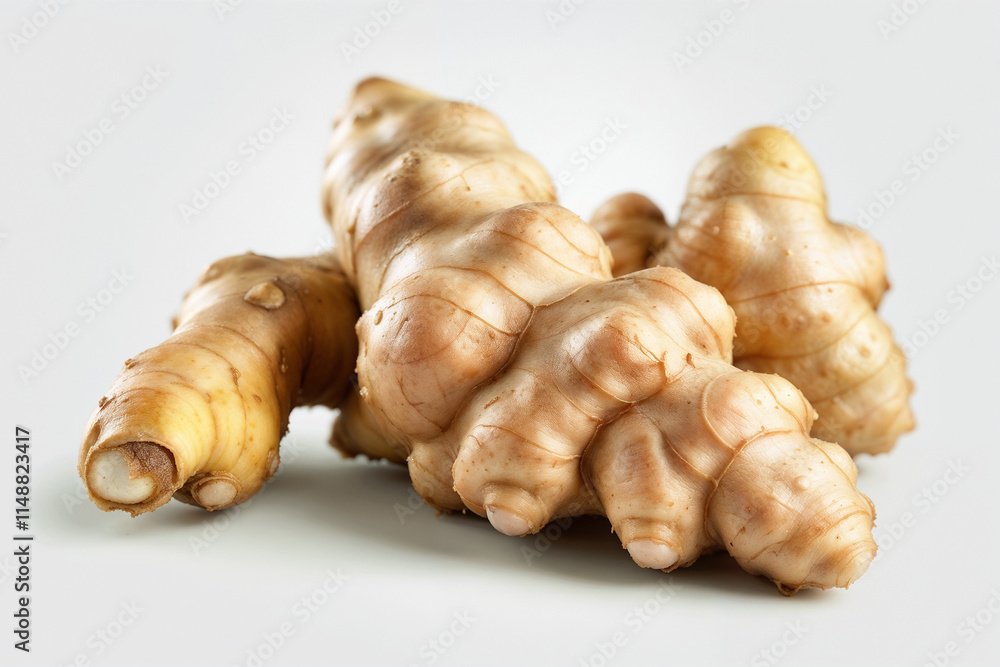 Three knobby pieces of golden-brown ginger root arranged naturally on off-white surface, showcasing characteristic texture and translucent quality for culinary applications
Three knobby pieces of golden-brown ginger root arranged naturally on off-white surface, showcasing characteristic texture and translucent quality for culinary applications