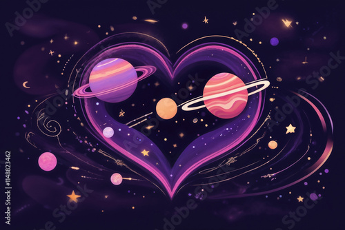 Whimsical cosmic heart illustration featuring ringed planets in pink and purple hues with gold accents, perfect for Valentine's Day, anniversary celebrations, and space-themed romantic content
