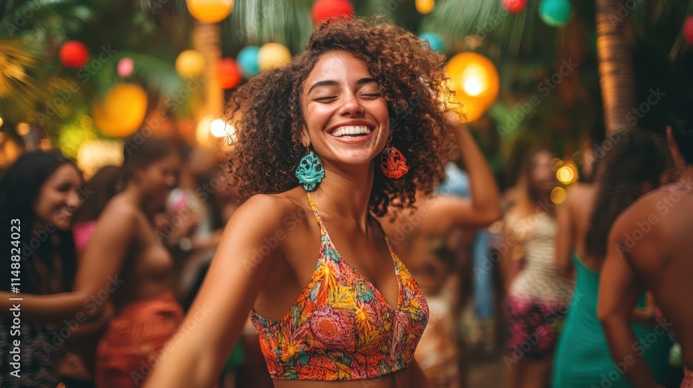 Group of friends dancing together at a lively outdoor party, smiles wide and carefree, surrounded by colorful decorations. Group of friends dancing together at a lively outdoor party, smiles wide and carefree, surrounded by colorful decorations.