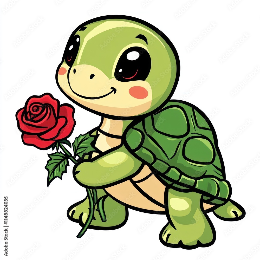 Fototapeta premium Cute cartoon turtle holding a rose whimsical illustration playful environment joyful concept