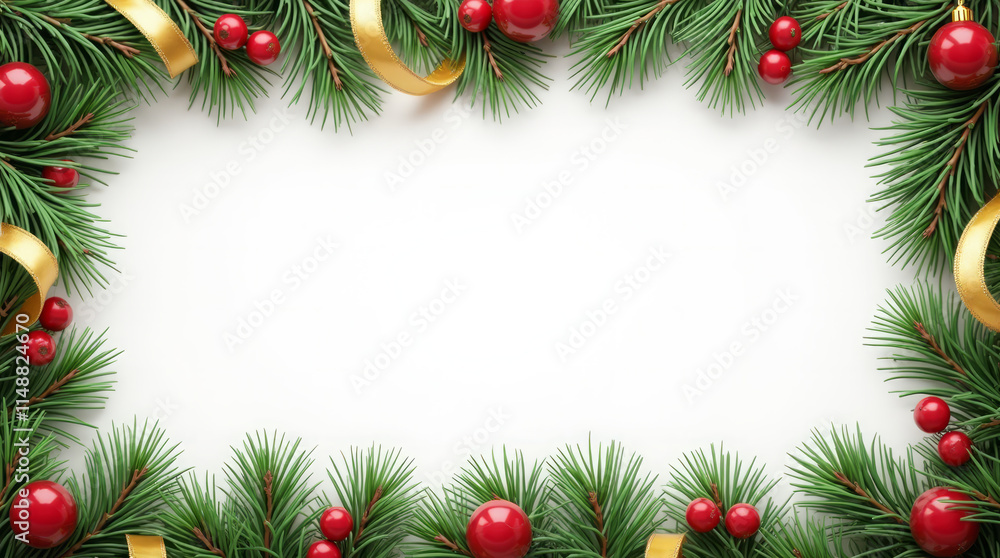 Luxury Garland Border – Rich Photorealistic Garland of Green Pine, Red Berries, and Gold Ribbons Luxury Garland Border – Rich Photorealistic Garland of Green Pine, Red Berries, and Gold Ribbons