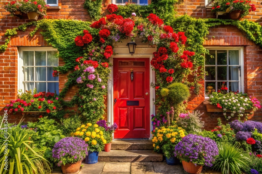 Charming Red Brick House with Vibrant Flower Garden - Stock Photo Charming Red Brick House with Vibrant Flower Garden - Stock Photo