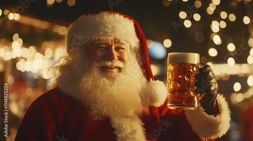 Santa celebrating with a mug of beer at a festive event