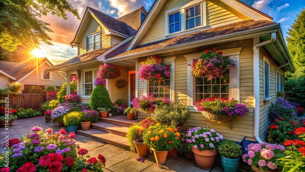 Fototapeta premium Charming Suburban Home, Flower Pots, Decorative Windows - Perfect House Exterior Photography