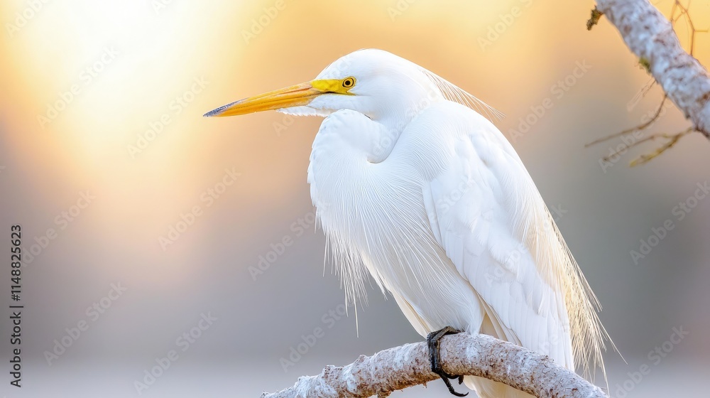 Majestic white egret perched on a branch at sunset. Majestic white egret perched on a branch at sunset.