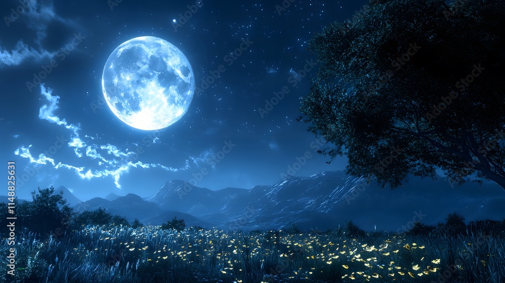 Fototapeta premium A breathtaking night scene featuring a full moon illuminating wildflowers.