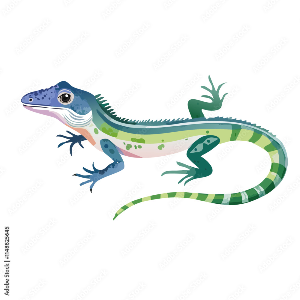 Fototapeta premium Vibrant Blue and Green Lizard, Reptile Illustration, Scaled Skin, Wild Animal, Exotic Creature, Cart