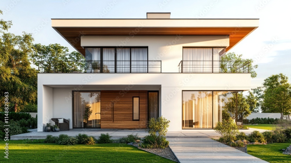 Obraz premium Modern House with a Wooden Door and a Balcony