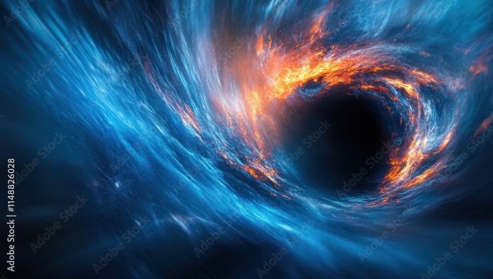 Cosmic Whirlpool: A breathtaking depiction of a swirling vortex of fiery energy and cool cosmic clouds, resembling a black hole or a portal to another dimension. Cosmic Whirlpool: A breathtaking depiction of a swirling vortex of fiery energy and cool cosmic clouds, resembling a black hole or a portal to another dimension.