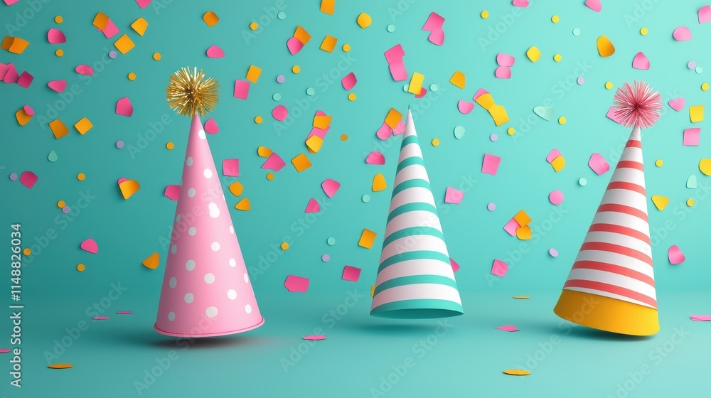 Colorful party hats in pastel shades with confetti on a vibrant turquoise background, creating a festive atmosphere. Colorful party hats in pastel shades with confetti on a vibrant turquoise background, creating a festive atmosphere.