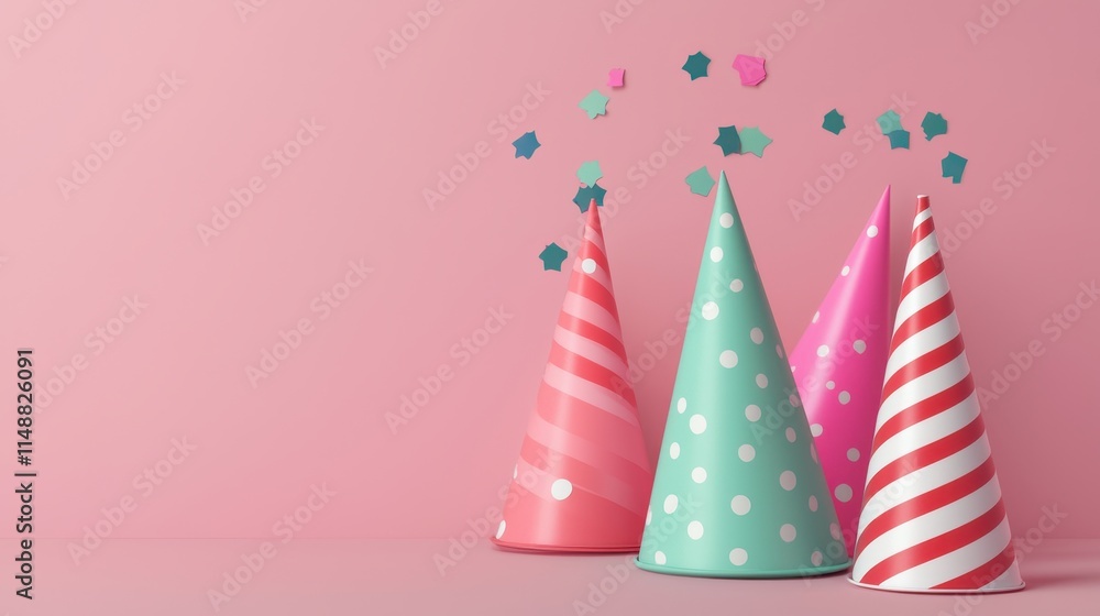 Colorful party hats in pink tones with festive confetti, set against a soft pink background, perfect for celebrations and gatherings. Colorful party hats in pink tones with festive confetti, set against a soft pink background, perfect for celebrations and gatherings.
