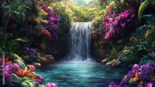 Hidden waterfall cascading into a serene pool, surrounded by exotic plants and colorful flowers.
