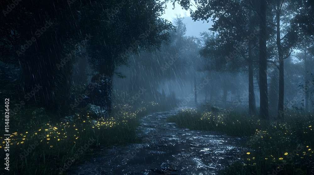 A tranquil forest path illuminated by soft, golden flowers under the rain. A tranquil forest path illuminated by soft, golden flowers under the rain.
