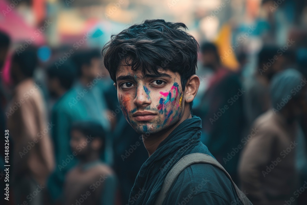 A YOUNG MAN WITH GULAL ALL OVER HIS FACE TURNING AROUND AND SERIOUSLY LOOKING WHILE STANDING IN A CROWD A YOUNG MAN WITH GULAL ALL OVER HIS FACE TURNING AROUND AND SERIOUSLY LOOKING WHILE STANDING IN A CROWD