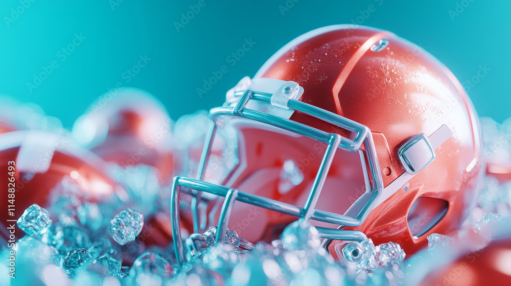 Fototapeta premium Shiny orange football helmets surrounded by ice cubes create vibrant scene