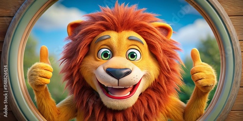 Cheerful Cartoon Lion Mascot Thumbs Up Circle Logo -  Macro Photography Style photo