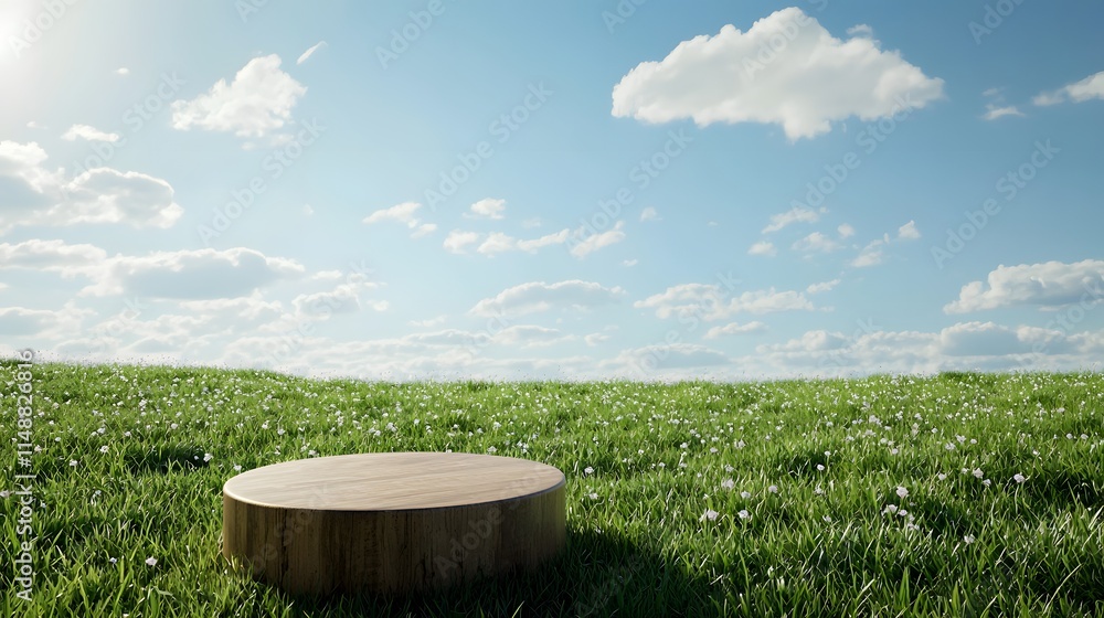 Wooden Round Platform in a Spring Meadow Wooden Round Platform in a Spring Meadow