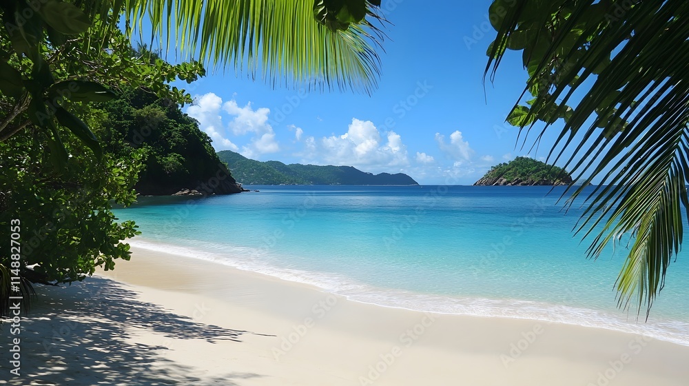 Tranquil beach paradise with clear blue waters and lush green foliage. Tranquil beach paradise with clear blue waters and lush green foliage.