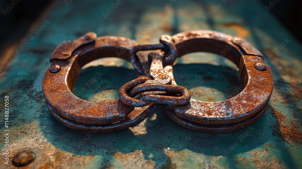 Intense close-up of rusted handcuffs resting on a worn table, symbolizing lost freedom and tension. Intense close-up of rusted handcuffs resting on a worn table, symbolizing lost freedom and tension.