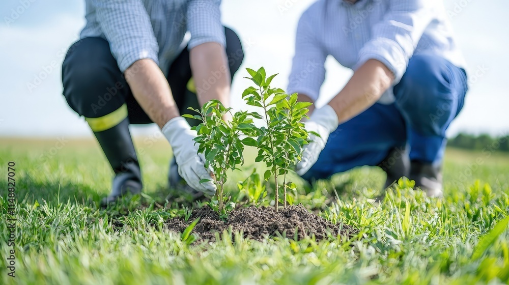 Two men planting saplings together in a field. Two men planting saplings together in a field.