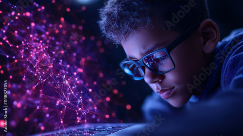 Wallpaper Mural focused boy with glasses engages with interactive technology, exploring digital connections and learning Torontodigital.ca