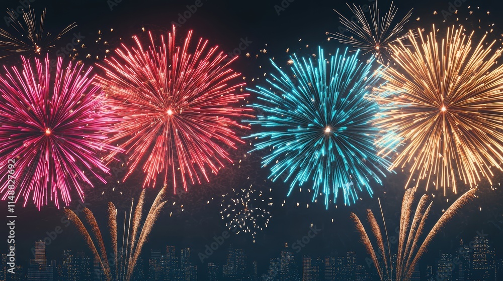 Vibrant fireworks explode in the night sky, showcasing a dazzling array of colors including red, blue, and gold, illuminating the darkness with festive energy. Vibrant fireworks explode in the night sky, showcasing a dazzling array of colors including red, blue, and gold, illuminating the darkness with festive energy.