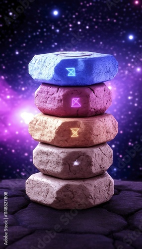 A stack of colorful stones with symbols against a cosmic background. photo