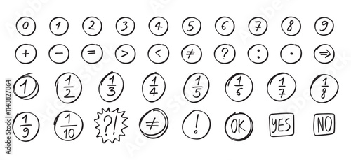 math numbers doodle hand drawn icon. Outline drawing math numbers and fractions in mathematics line clipart symbol.