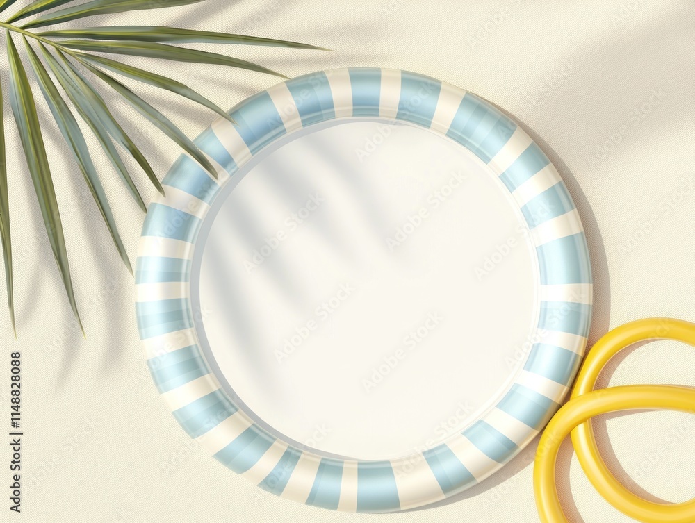 Summer mockup with blank circle frame, palm leaf, and yellow rings on beige background. Summer mockup with blank circle frame, palm leaf, and yellow rings on beige background.