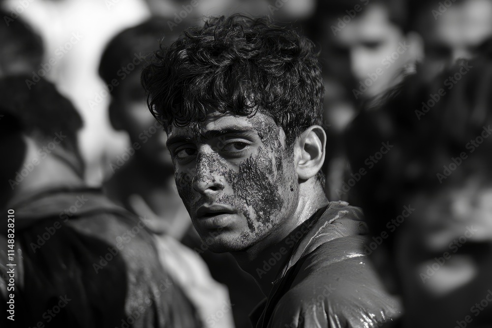 Obraz premium A YOUNG MAN WITH GULAL ALL OVER HIS FACE TURNING AROUND AND SERIOUSLY LOOKING WHILE STANDING IN A CROWD 