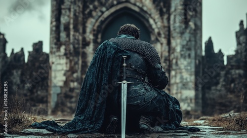 Knight kneeling in front of a regal castle gate, sword planted in the ground.