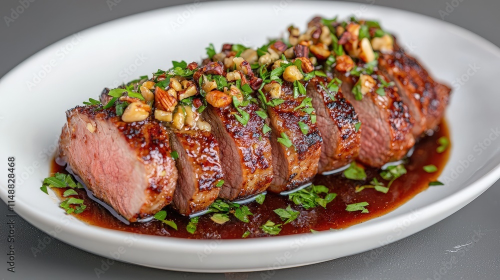 Sliced roasted duck breast with almond sauce and parsley garnish on a white plate. Sliced roasted duck breast with almond sauce and parsley garnish on a white plate.