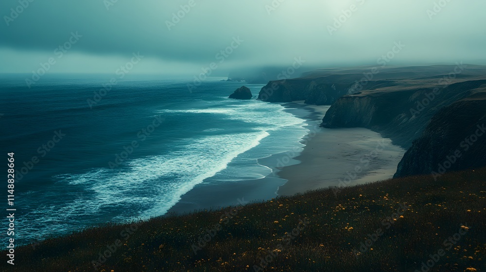 Fototapeta premium Misty shoreline with cliffs and waves, evoking a tranquil, serene ambiance.