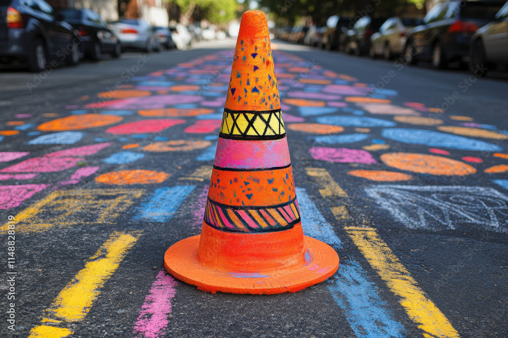 Naklejka premium Traffic cone, Colorful chalk art decorates a street with a bright orange traffic cone positioned centrally, creating a vibrant urban scene.