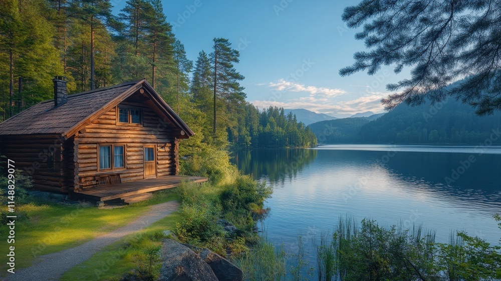 Fototapeta premium Log cabin with a view of a tranquil lake.